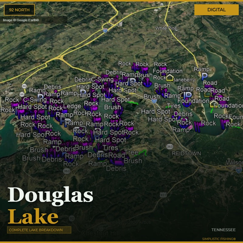 Map of Douglas Lake with various markers indicating obstacles and features