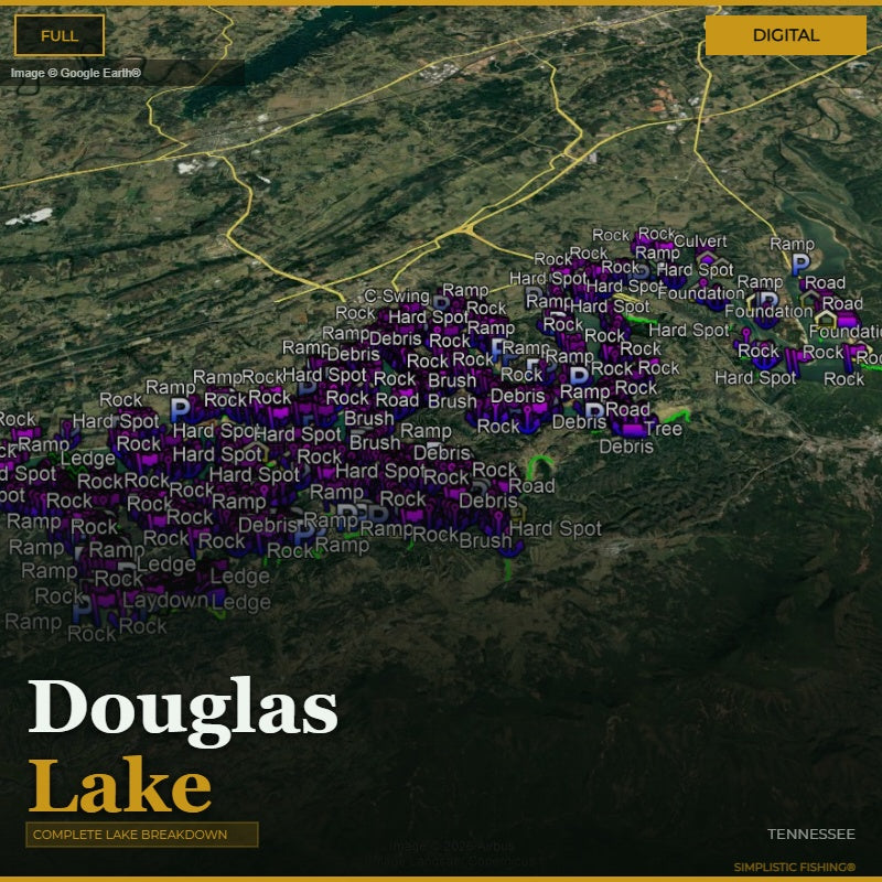 Map of Douglas Lake with various markers and labels on a digital display.
