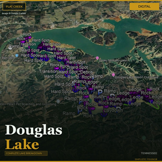 Map of Douglas Lake with various fishing spots marked on a digital display.