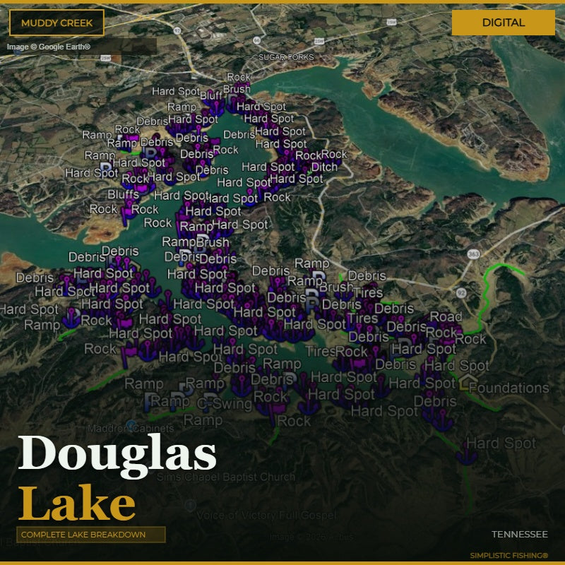 Map of Douglas Lake with various fishing spots marked on a digital display.
