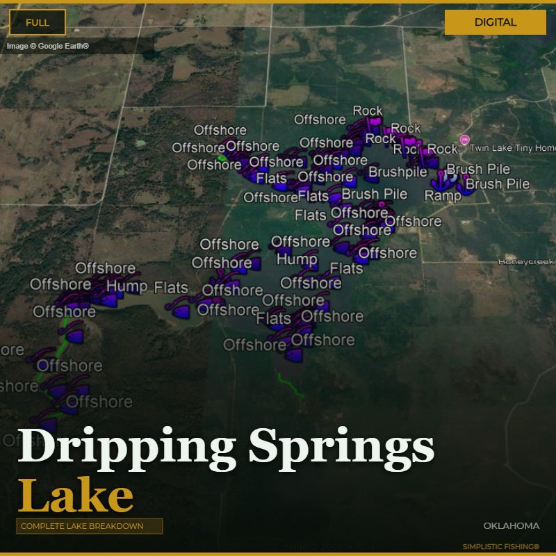 Map of Dripping Springs Lake with fishing spots marked on a digital display.