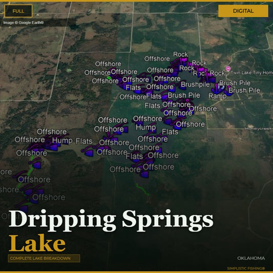 Map of Dripping Springs Lake with fishing spots marked on a digital display.