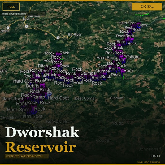 Map of Dworshak Reservoir with various fishing spots labeled on a digital interface.