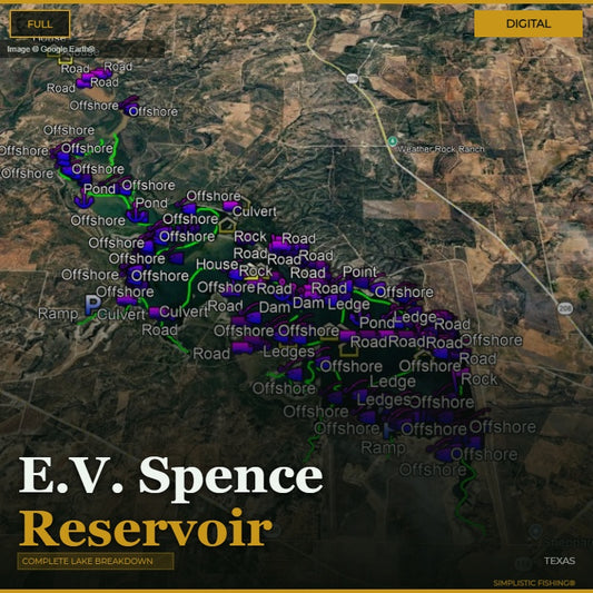 Map of E.V. Spence Reservoir with various markers and labels on a digital display.