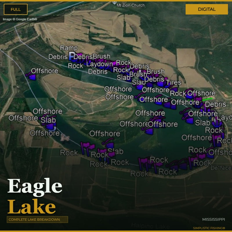 Map of Eagle Lake with fishing spots labeled on a digital interface