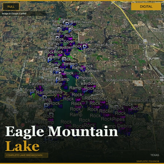 Map of Eagle Mountain Lake with various fishing spots marked on a digital display.