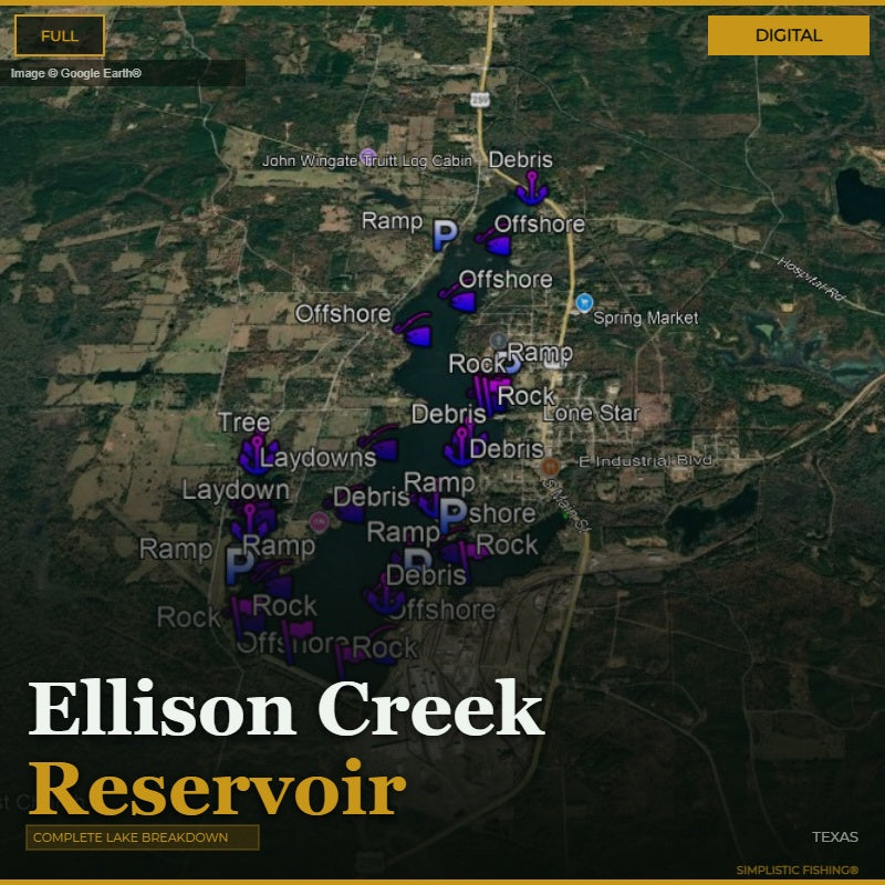 Map of Ellison Creek Reservoir with various markers indicating obstacles or points of interest.