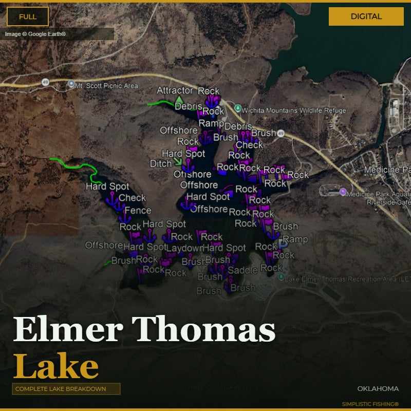 Map of Lake Elmer Thomas, Oklahoma with bass fishing waypoints and structure labeled on a digital display.