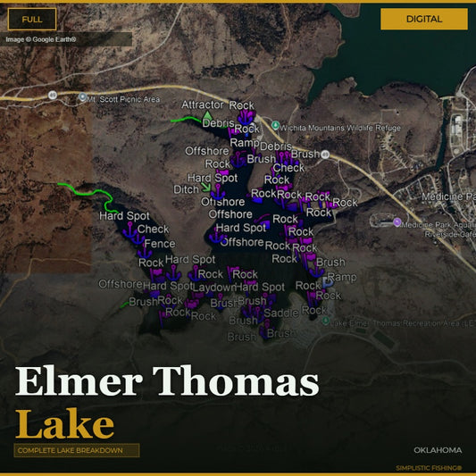 Map of Lake Elmer Thomas, Oklahoma with bass fishing waypoints and structure labeled on a digital display.