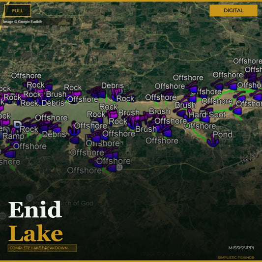 Map of Enid Lake with various fishing spots marked on a digital display.