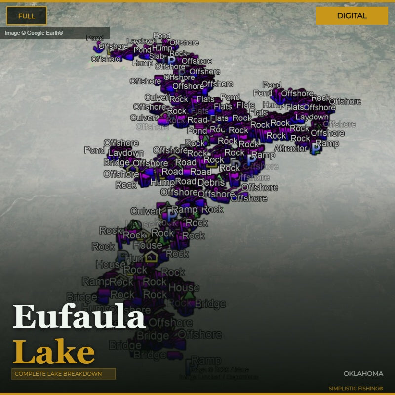 Map of Eufaula Lake with various fishing spots labeled on a digital interface.