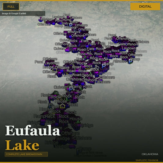 Map of Eufaula Lake with various fishing spots labeled on a digital interface.