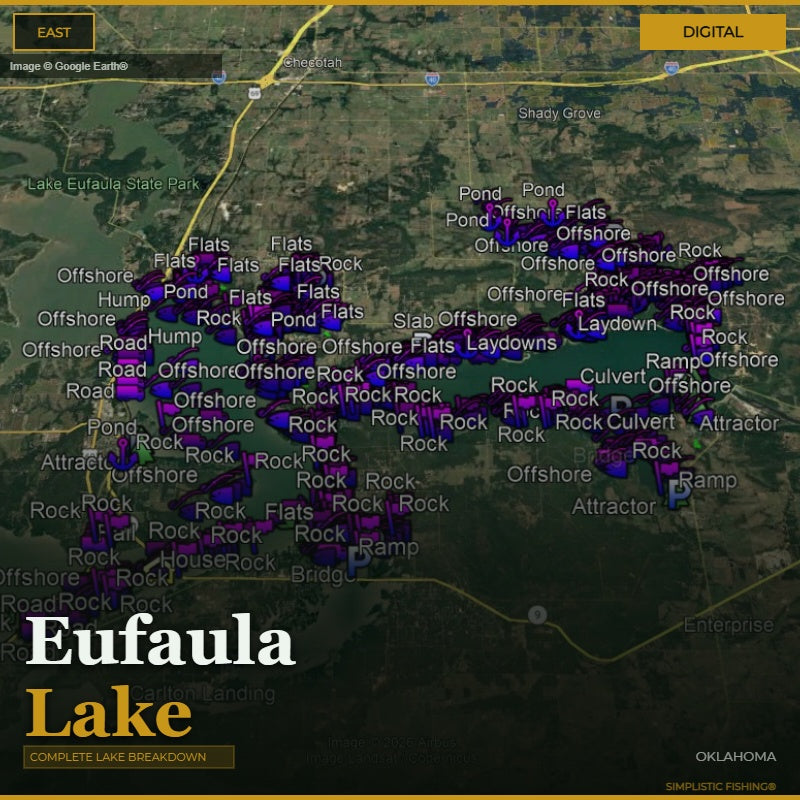 Map of Eufaula Lake with fishing spots marked on a digital display.