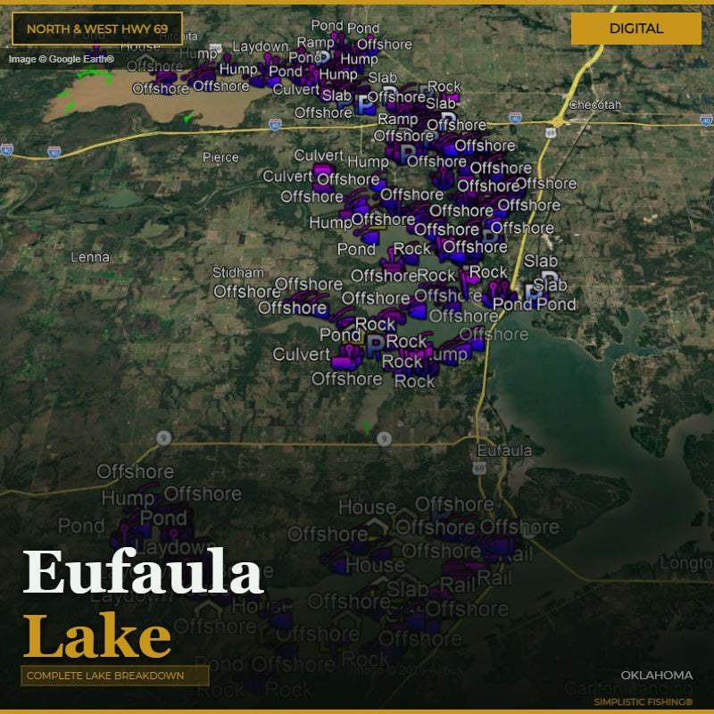 Map of Eufaula Lake with various locations marked on a digital display.