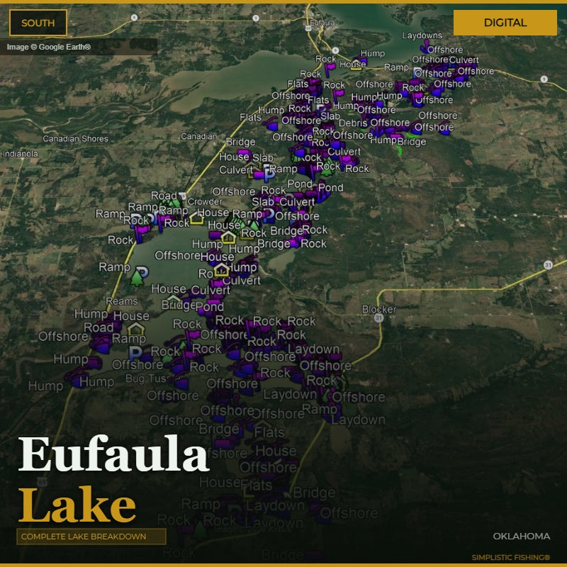 Map of Eufaula Lake with various fishing spots marked on a digital display.