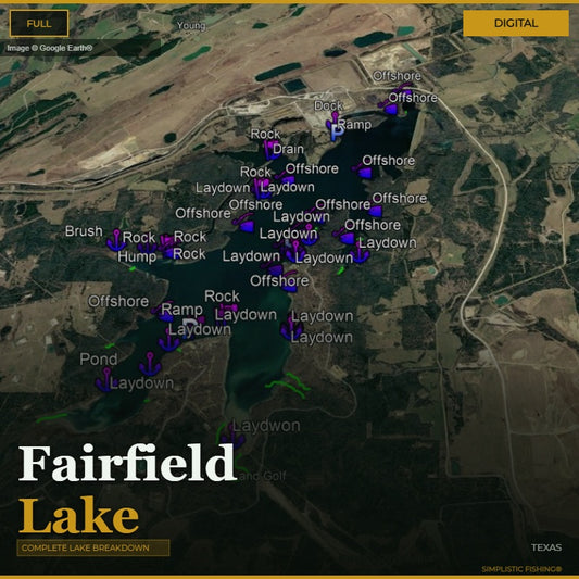 Map of Fairfield Lake with various fishing spots labeled
