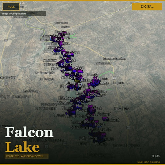 Map of Falcon Lake with various landmarks labeled on a digital display.