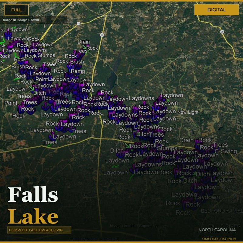Map of Falls Lake with various fishing spots labeled on a digital interface.