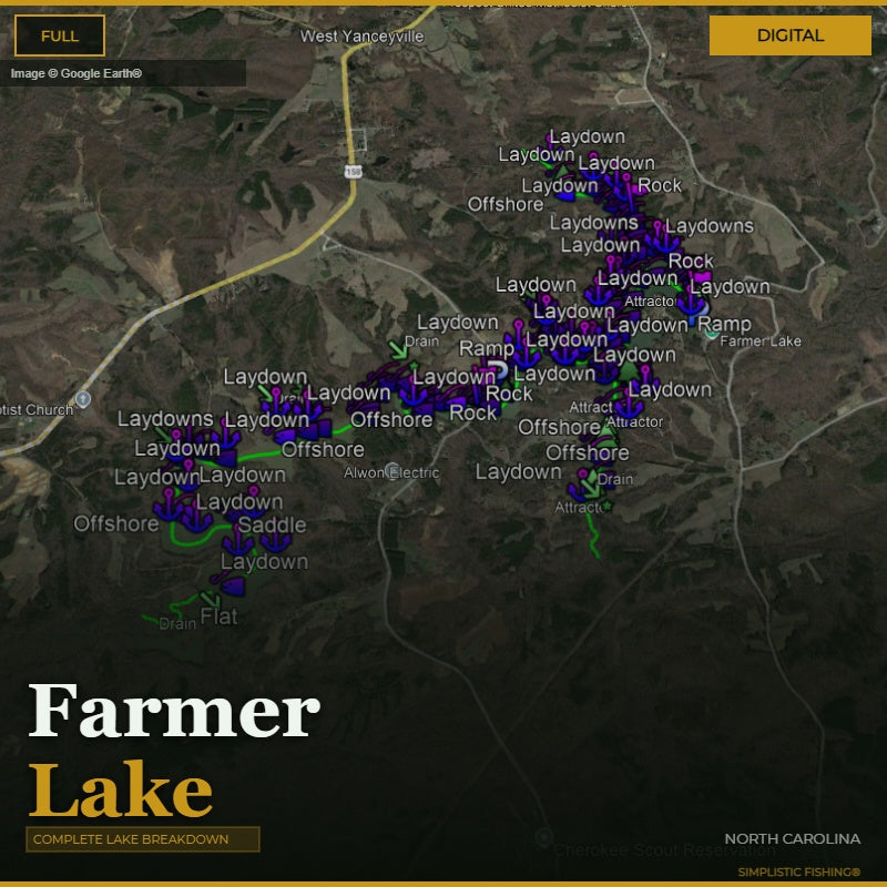 Map of Farmer Lake, North Carolina with bass fishing waypoints and structure labeled on a digital display.