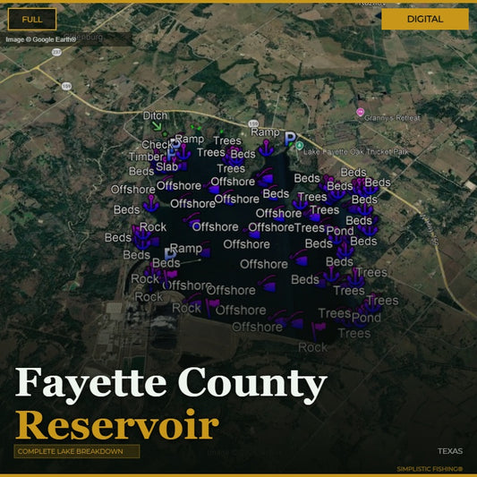 Map of Fayette County Reservoir with fishing spots marked on a digital display.