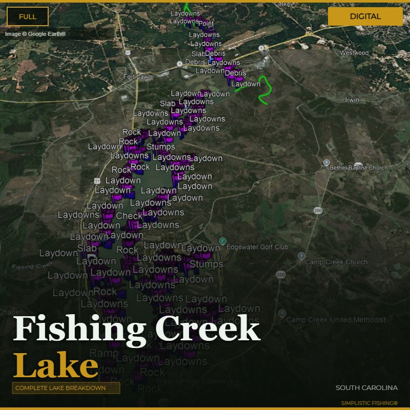 Map of Fishing Creek Lake with various laydowns and stumps marked, labeled 'Digital' on top right corner.