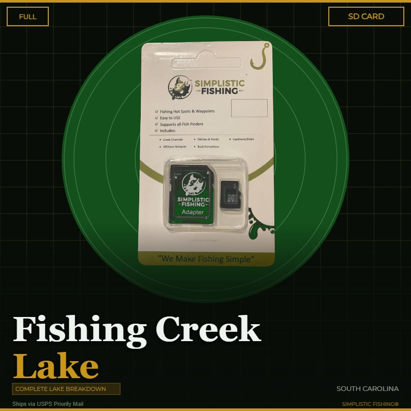 Packaging of Simplistic Fishing product with 'Fishing Creek Lake' text on a green and black background.