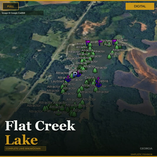 Map of Flat Creek Lake with various markers and labels on a digital display.