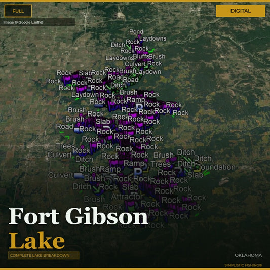 Map of Fort Gibson Lake with various features labeled on a digital interface.