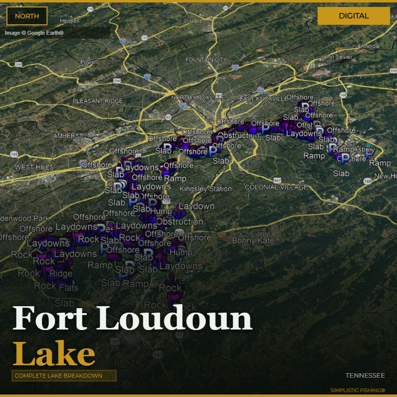 Map of Fort Loudoun Lake with various fishing spots marked on a digital display.