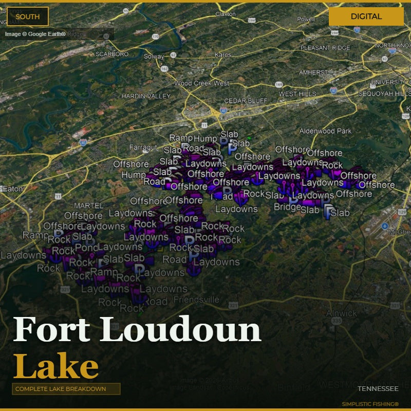 Map of Fort Loudoun Lake with fishing spots labeled on a digital interface.
