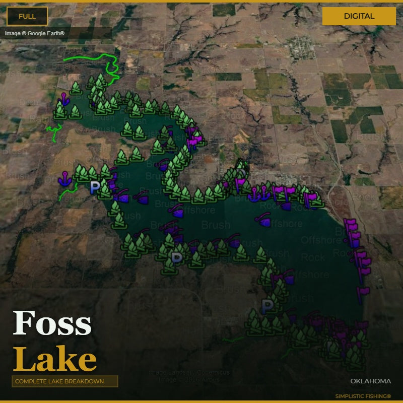 Map of Foss Lake with green and purple markers on a digital background