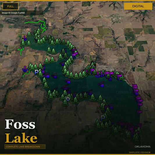 Map of Foss Lake with green and purple markers on a digital background