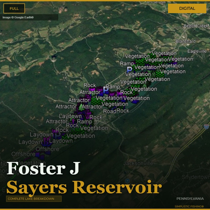 Map of Foster J Sayers Reservoir with various markers and labels on a digital display.