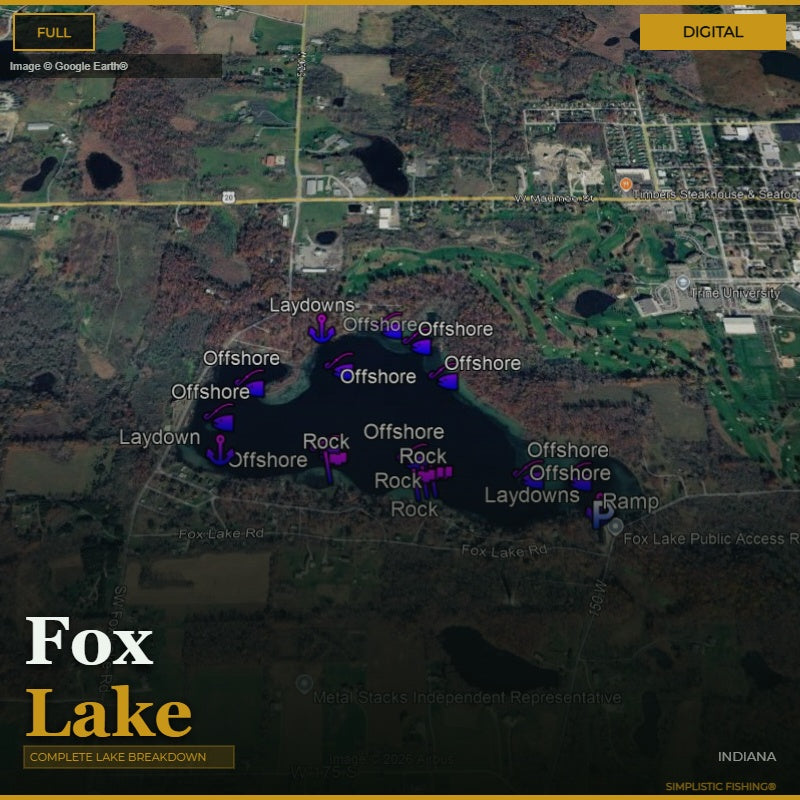 Map of Fox Lake with fishing spots marked on a digital interface