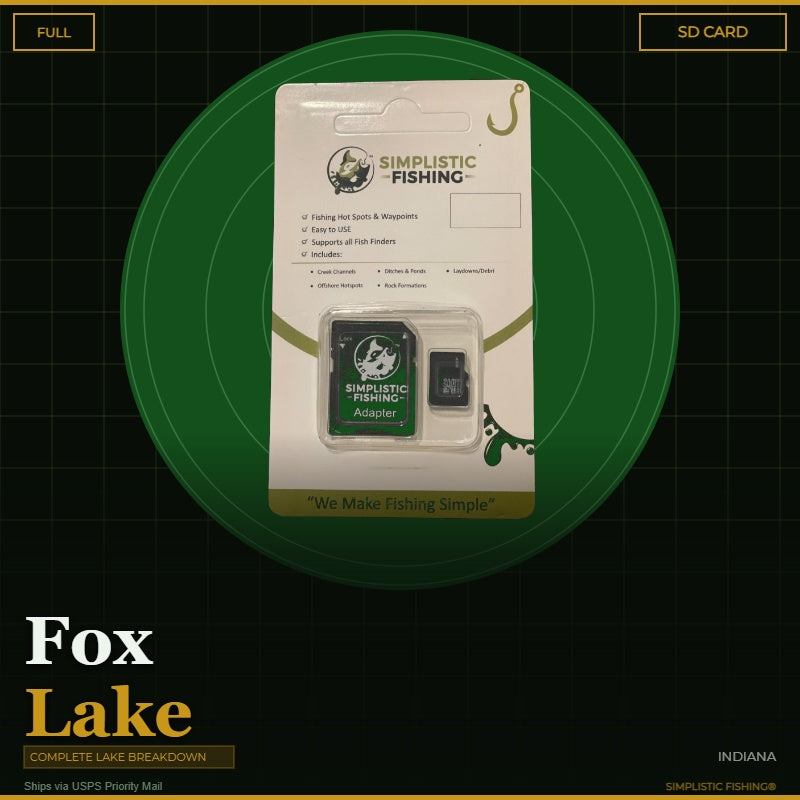 Packaging of Simplistic Fishing SD card and adapter on a green background with 'Fox Lake' branding.