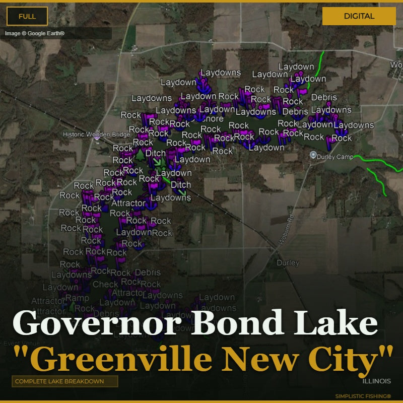 Map of Governor Bond Lake with labeled features and text overlay