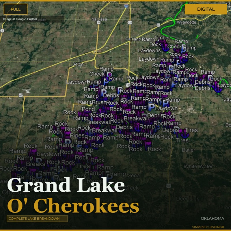 Map of Grand Lake O'Cherokees with various markers and labels on a digital display.