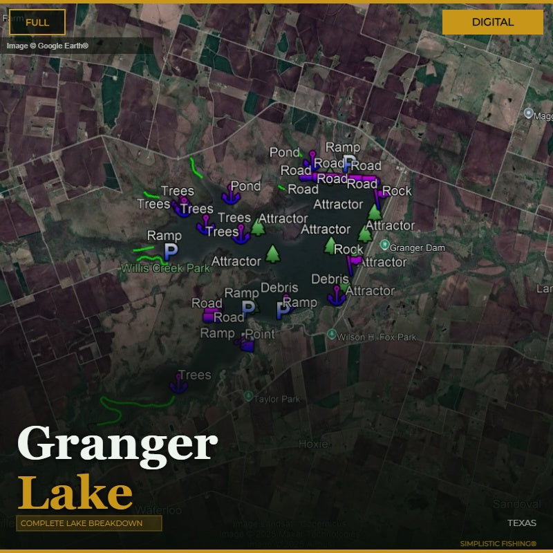 Map of Granger Lake with various markers and labels on a digital display.
