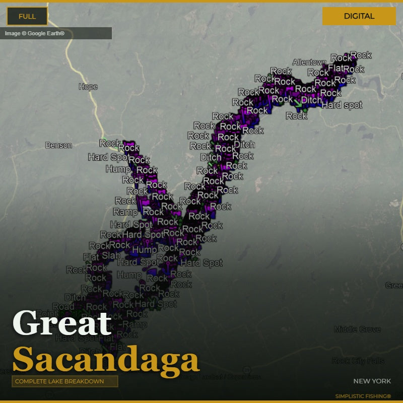 Map of Great Sacandaga Lake, New York with bass fishing waypoints and structure labeled on a digital display.