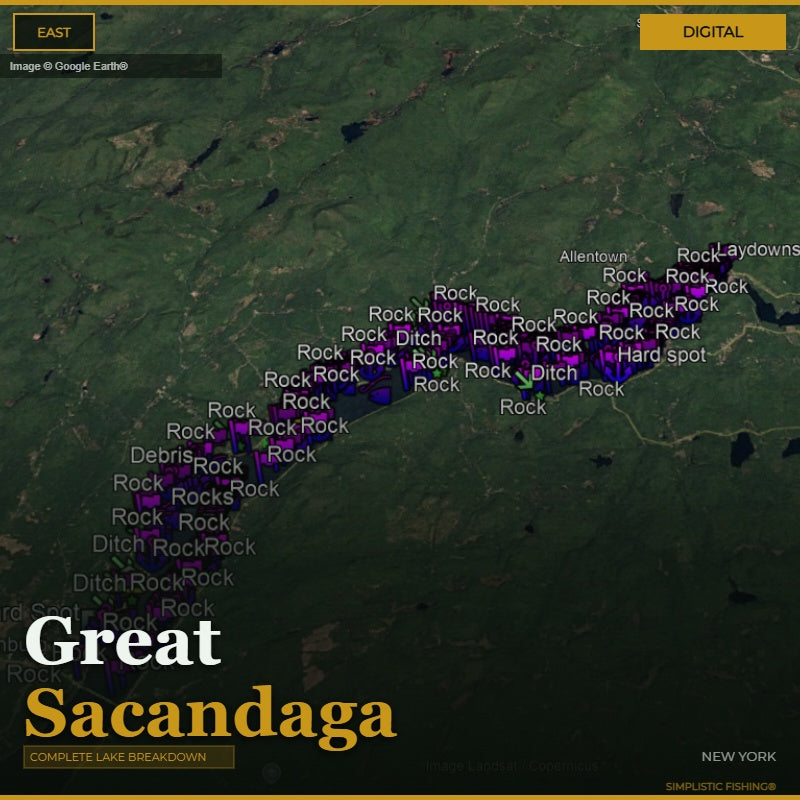 Map of the East section of Great Sacandaga Lake, New York with bass fishing waypoints labeled on a digital display.