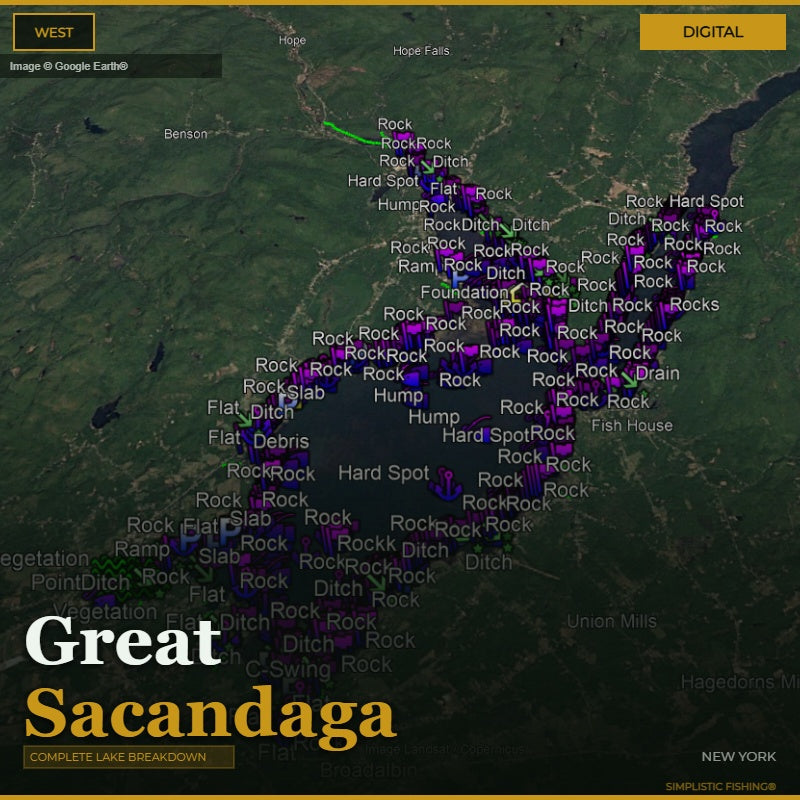Map of the West section of Great Sacandaga Lake, New York with bass fishing waypoints labeled on a digital display.