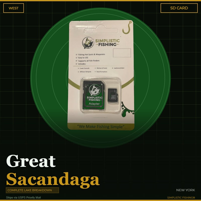 Simplistic Fishing SD card packaging for the West section of Great Sacandaga Lake, New York.