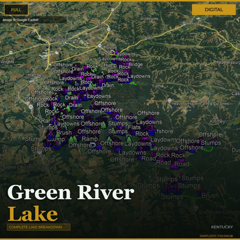 Map of Green River Lake with fishing laydowns and features labeled on a digital display.