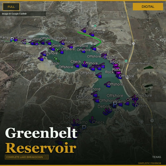 Map of Greenbelt Reservoir with labeled features and markers.
