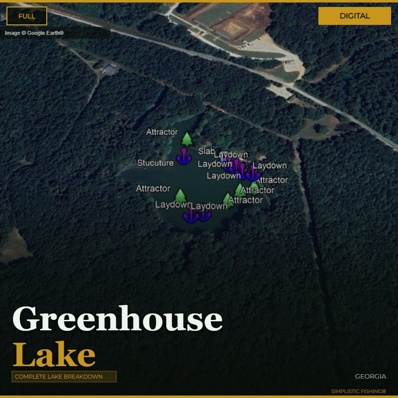 Map of Greenhouse Lake with fishing spots labeled on a digital interface.