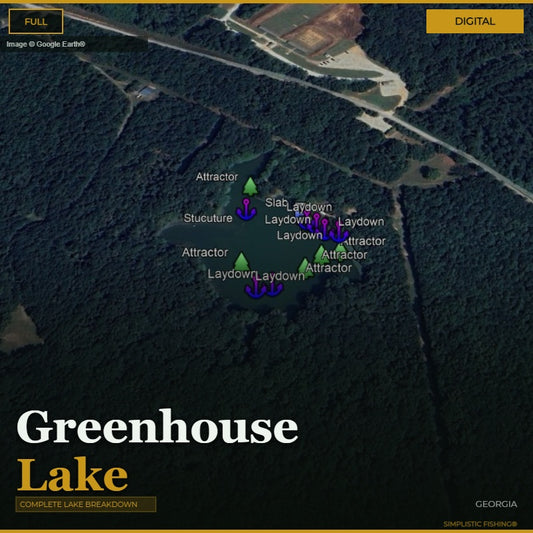 Map of Greenhouse Lake with fishing spots labeled on a digital interface.