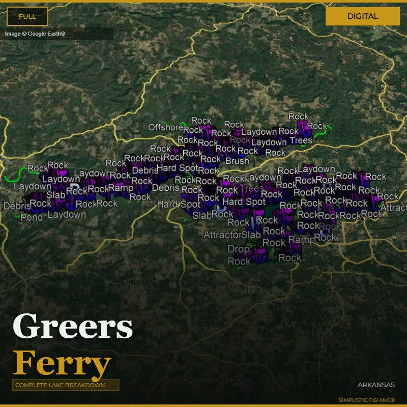 Map of Greers Ferry with various fishing spots labeled on a digital display.