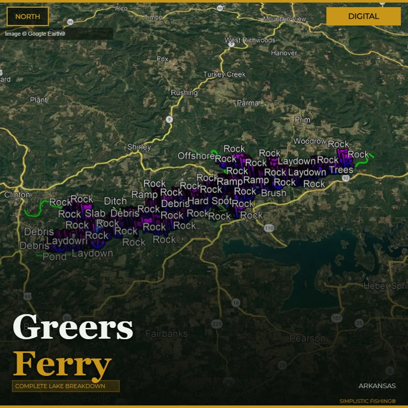 Map of Greers Ferry with various rock formations labeled