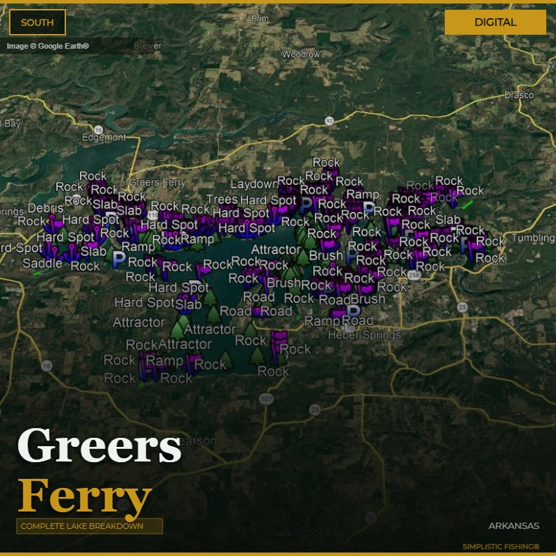 Map of Greers Ferry with various fishing spots marked on a digital display.