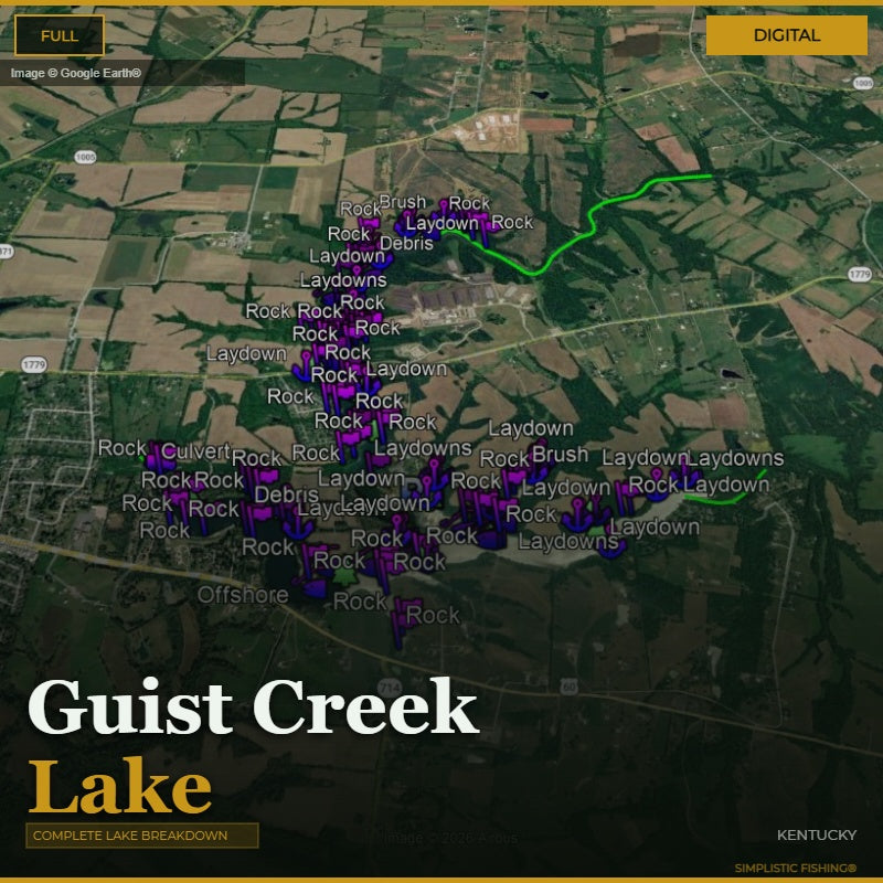 Map of Guist Creek Lake with fishing spots marked on a digital display.